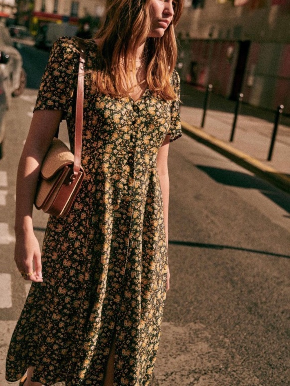 Sezane vivienne v-neck Floral Maxi Dress with black Yellow Blooms